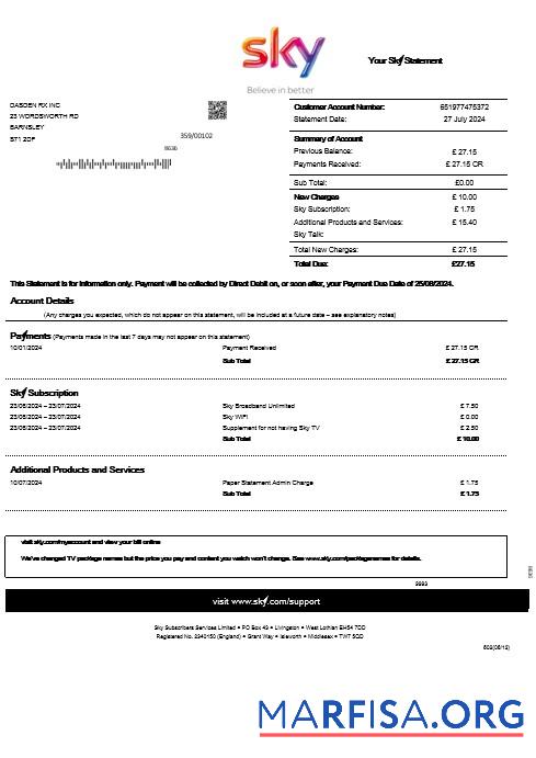Printable United Kingdom Sky business utility bill statement template in Word and PDF formats